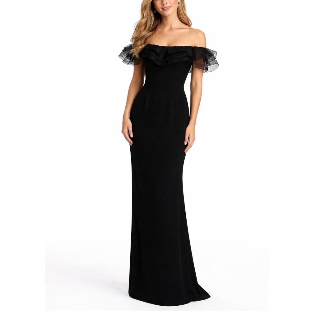 Aidan Mattox Ruffled Off the Shoulder Column Evening Gown Black Size 4 Dress